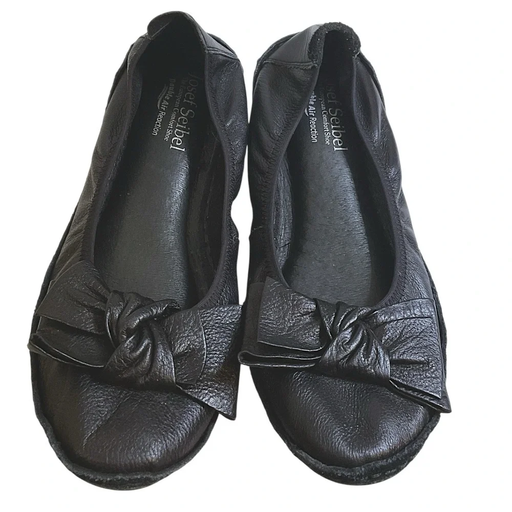 Josef Seibel Josie-03 Black Leather Ballet Flats Bow Comfort Shoes EU 37 US 6.5